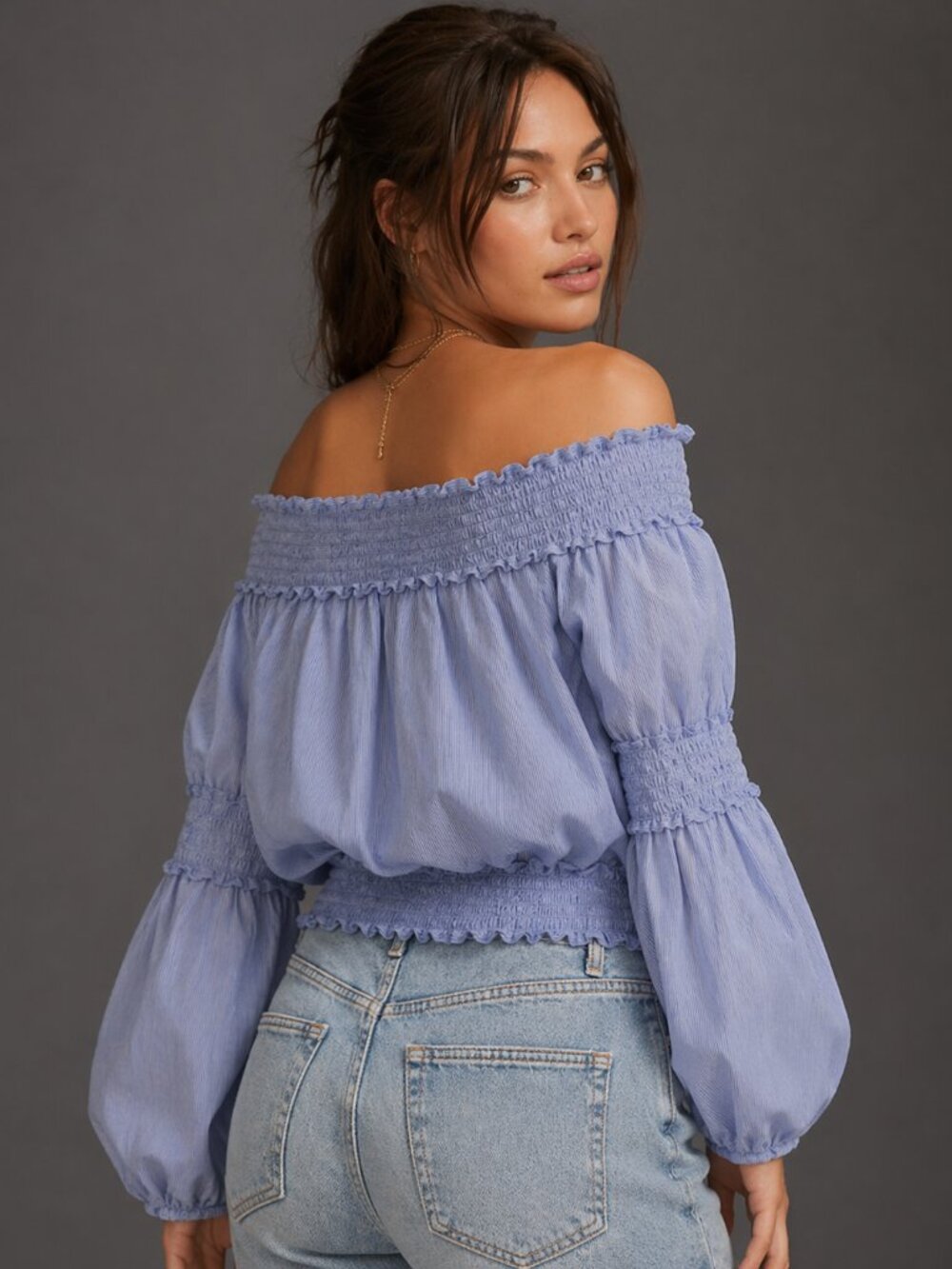 Max Editions Women’s Blue Striped Off Shoulder Smocked Blouse XL - Picture 2 of 10